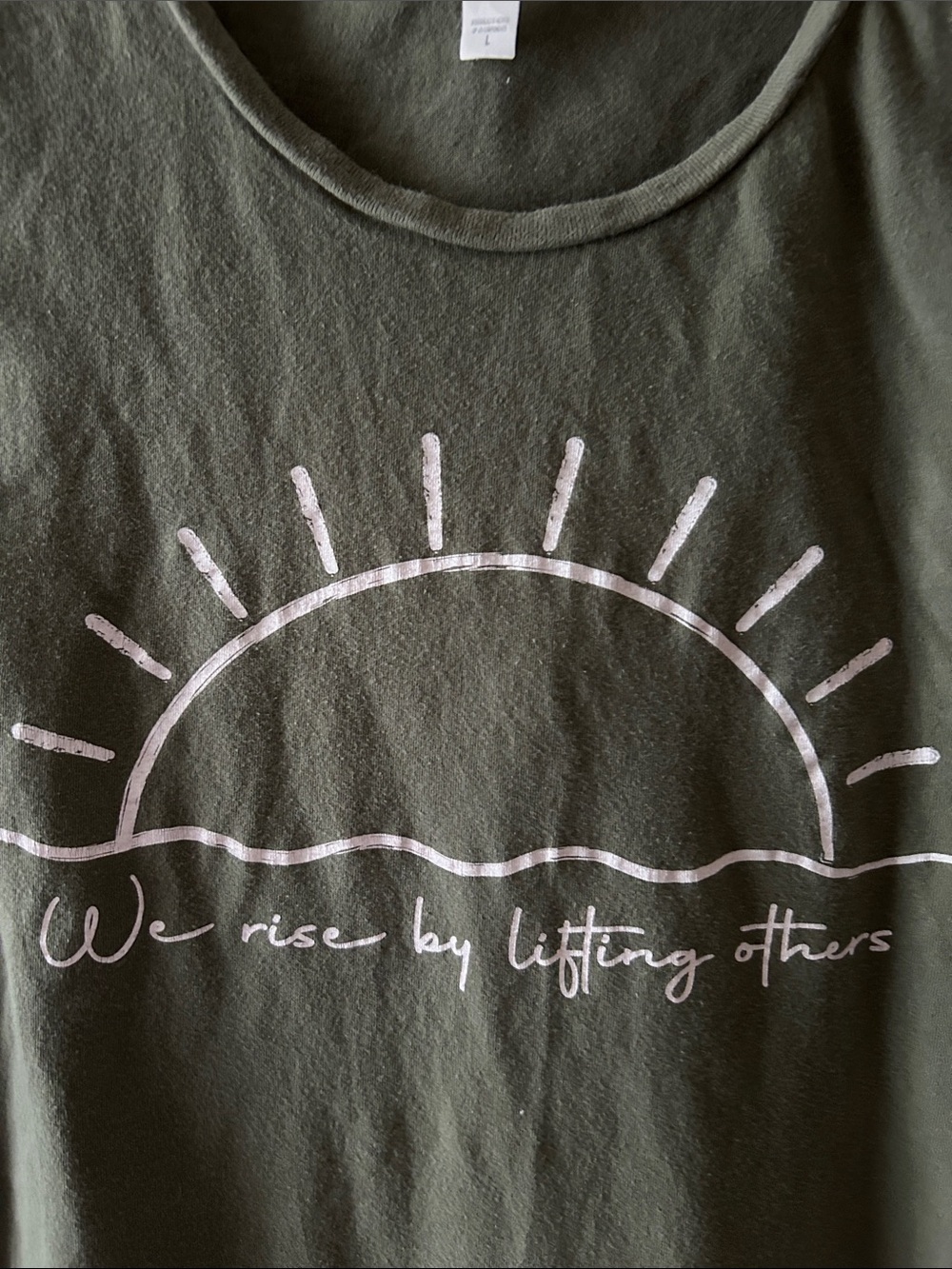 BELLA  100% Cotton Tank Top with Sunrise Graphic - Olive Green. Large - Picture 3 of 4